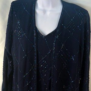 Richards Petite Womens Navy Blue Sheer Blouse Tank 2-pc Top Set Beaded Party 6P